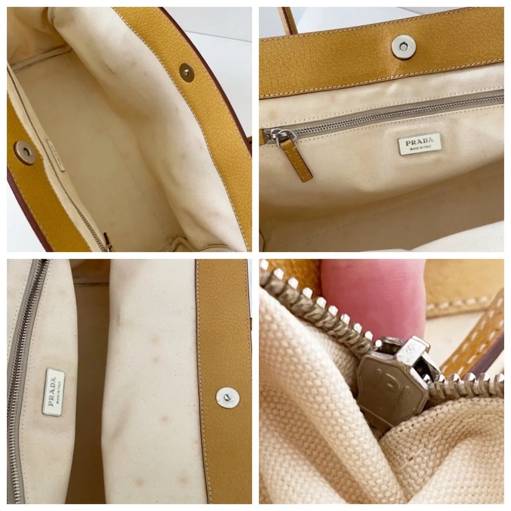 Prada Canapa canvas and orange leather button detail satchel bag